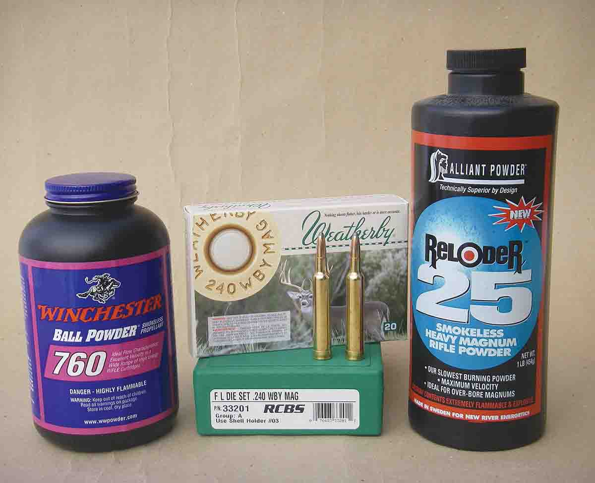Winchester 760 and Alliant Reloder 25 powders are good choices when handloading the .240 Weatherby Magnum with 100-grain bullets.